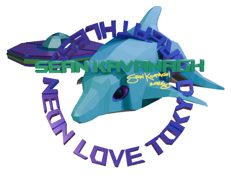 A light blue colored dolphin with a flying saucer floating through a circle reading 'TOKYO BREATHLESS NEON LOVE'.
    The name of the author 'SEAN KAVANGH' is written in bold just above the doplphin's head.