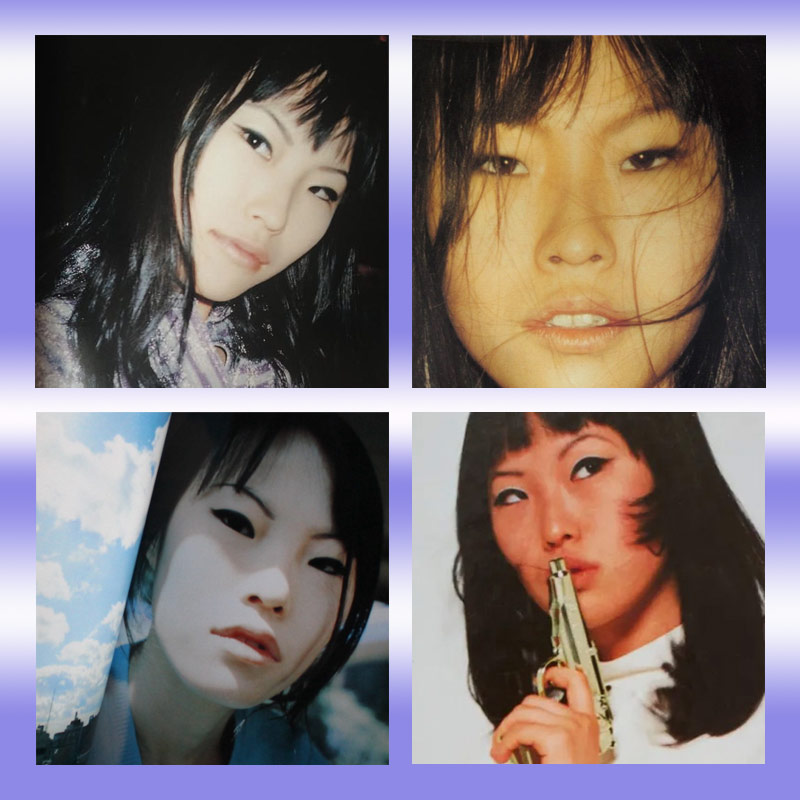 Collage of four portrait style photographs of Hiromix. The background frame depicts soft clouds within a deep blue sky.