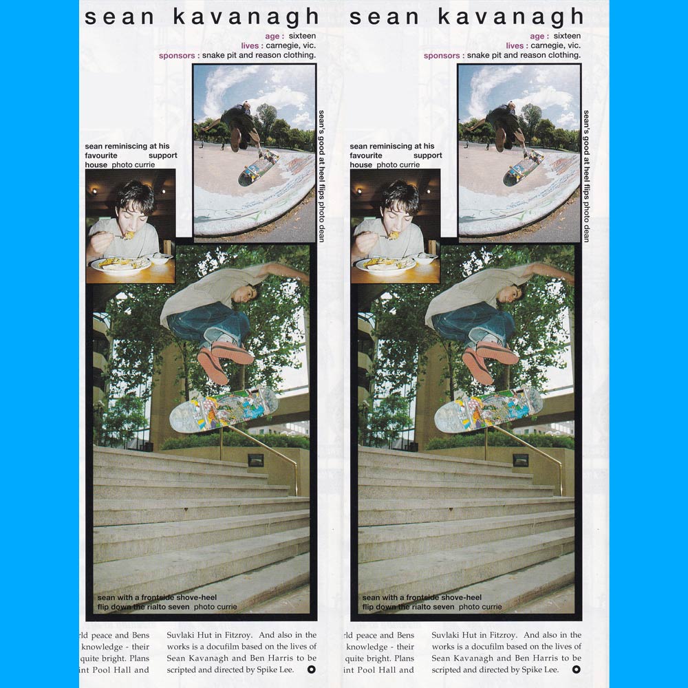 Magazine article about Sean with photos of him eating food, doing a varial heelflip off seven stairs
    and a backside heelflip at Prahran Bowl.