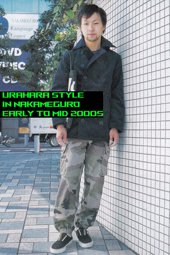 Photo of a man wearing a navy blazer and camouflage pants. Text on the image reads 'URHARA STYLE IN NAKAMEGURO 
    - EARLY TO MID 2000s'.