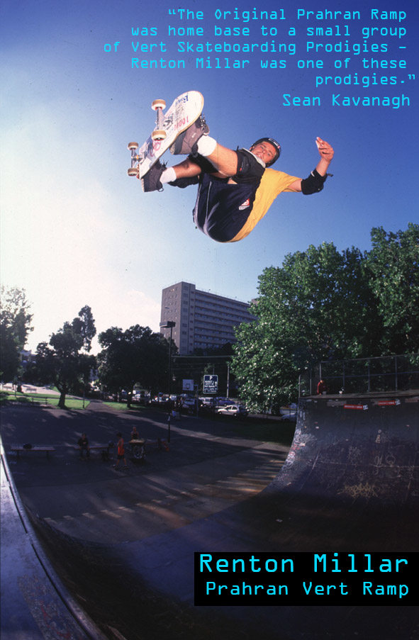 Photograph of Renton Millar flying... 7 to 8ft in the air floating above Prahran's Original Vert Ramp.
    He is wearing shorts, a yellow t-shirt, knee and elbow pads and a helmet. The sky is clear with the late afternoon sun shining in the background.