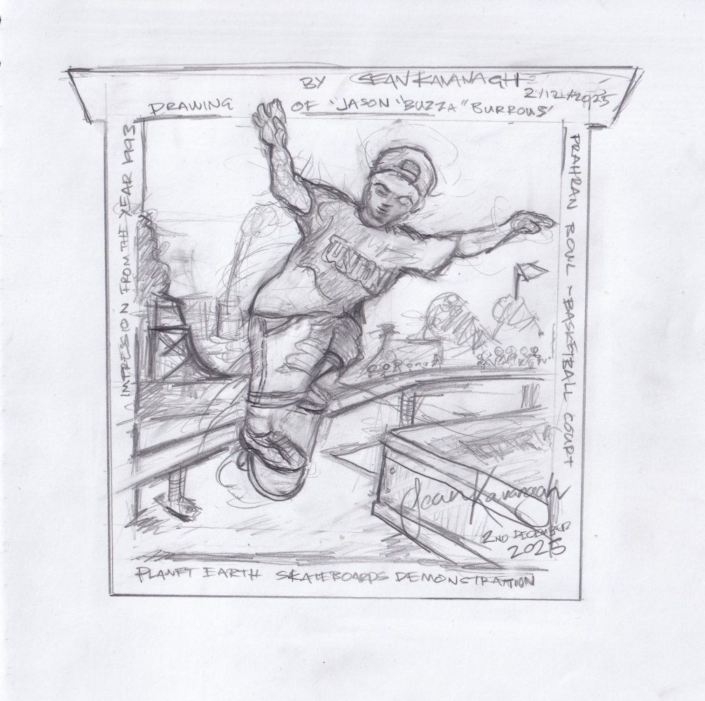 A drawing by Sean Kavanagh of Jason 'Buzza' Burrows doing a backside lipslide 
    on a handrail from a platform on Prahran Basketball Courts. The drawing is in black and white with a gestural quality - showing the character of Jason Burrows.