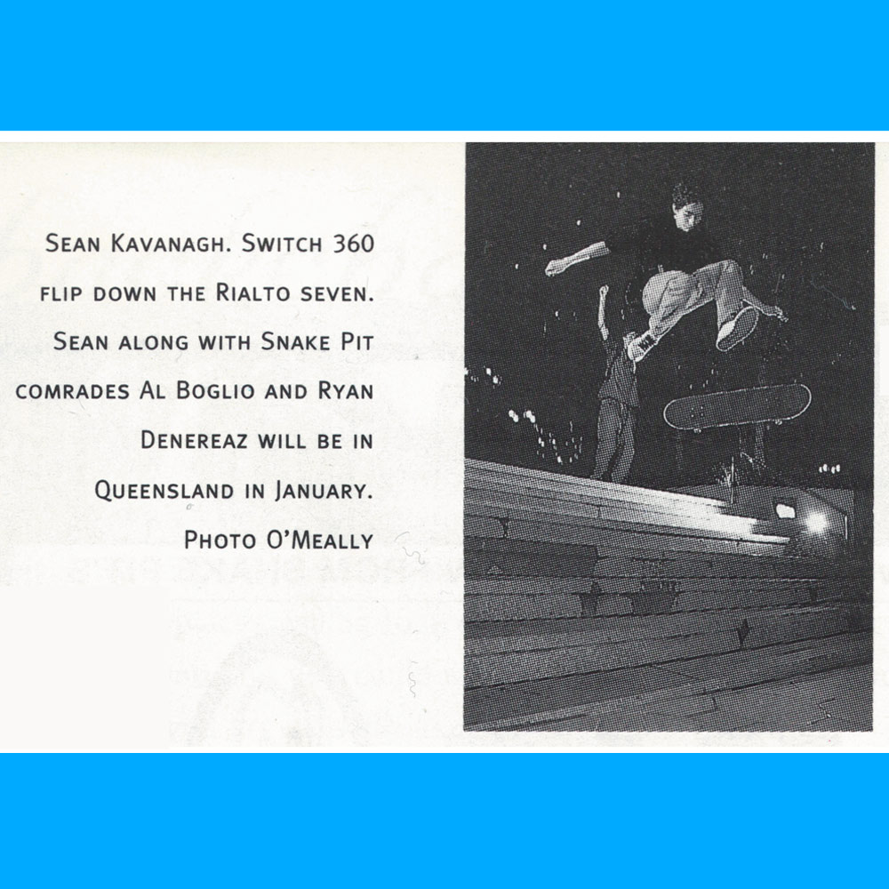 Sean doing a Switch Tre Flip above seven stairs with Jisoe shouting and waving at the camera.